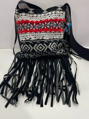 Handmade Black, Red and White  Tribal Inspired Crossbody Bag with Fringes